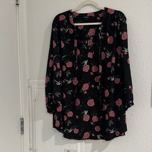 Torrid Black Blouse with Pink Rose Print
